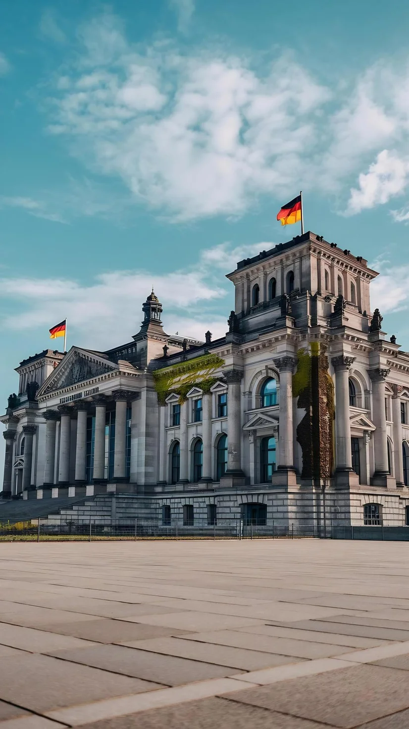 Umzugswagen fährt auf einer deutschen Autobahn mit Skyline im Hintergrund