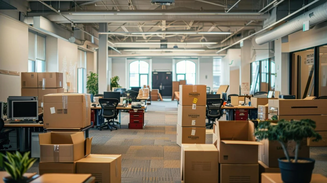 Umzugsprofis transportieren beschriftete Kartons und Technik in einem modernen Büro
