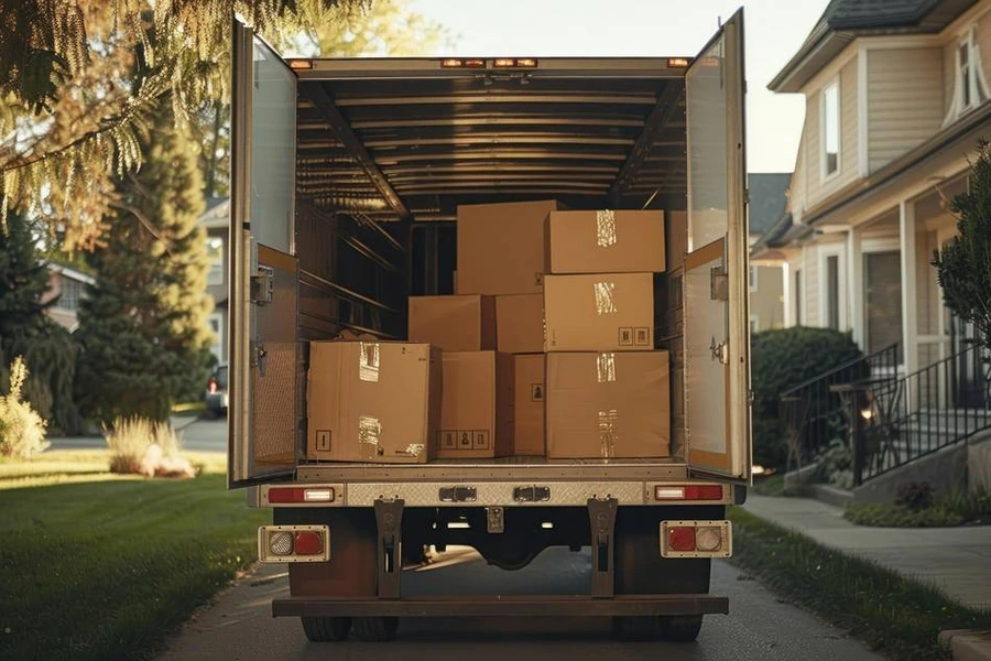 Fernumzug – beladener Umzugs-LKW vor einem Wohnhaus