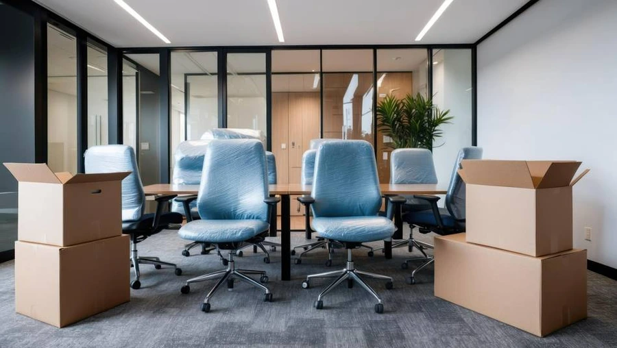 Firmenumzug in Berlin – verpacktes Büro mit foliierten Bürostühlen und Kartons